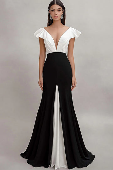 A Line Ruffled Black Tie Dress with Cap Sleeves